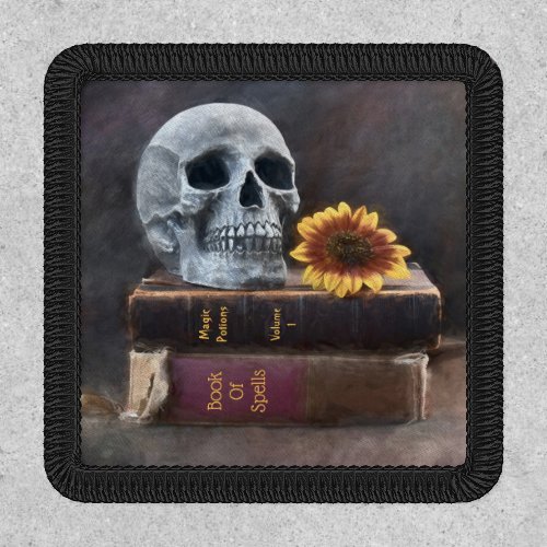 Gothic Skull Vintage Old Books Yellow Sunflower Patch