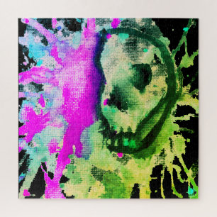 Gothic Skull Watercolor Halloween Neon Art Jigsaw Puzzle
