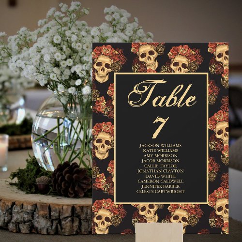 Gothic Skull Wedding Names Black Table Number Card