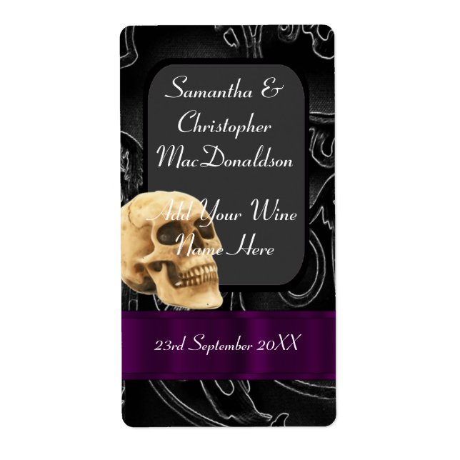 Gothic skull wedding wine bottle label (Front)