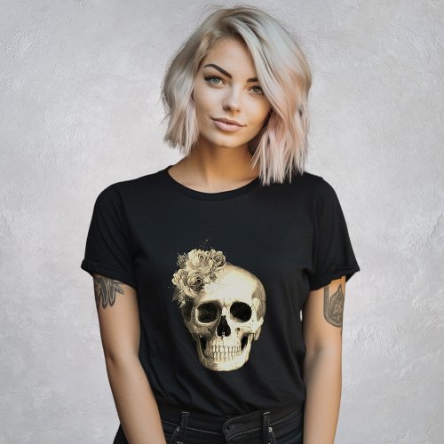 Gothic Skull White Roses Black T_Shirt