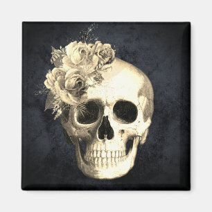 Gothic Skull White Roses Halloween Magnet