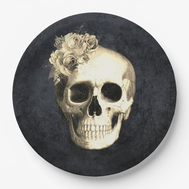 Gothic Skull White Roses Halloween Paper Plates (Front)