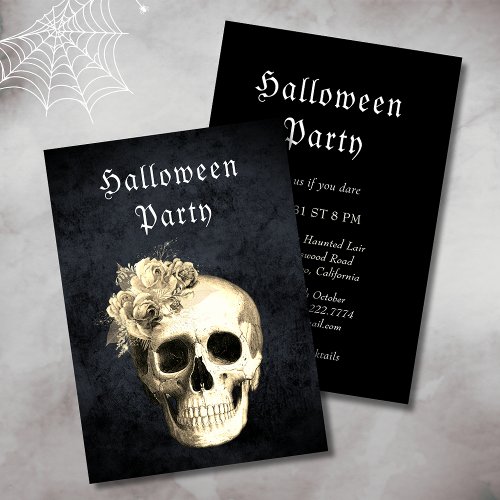  Gothic Skull White Roses Halloween Party Invitation