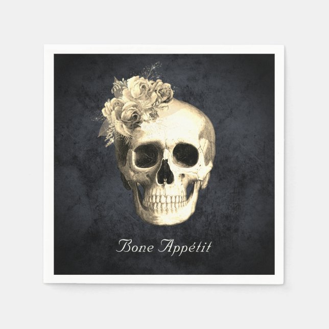Gothic Skull White Roses Personalized Halloween Napkins (Front)