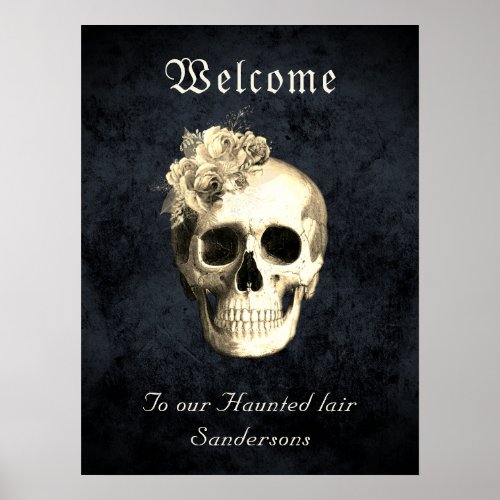 Gothic Skull White Roses Personalized Halloween Poster