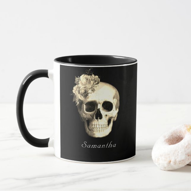 Gothic Skull White Roses Personalized Mug (With Donut)