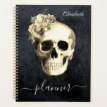 Gothic Skull White Roses Personalized Planner<br><div class="desc">Stylish and Chic Gothic Floral Skull Personalized Planner. Design features a white skull accented with a beautiful white roses on a black texture background.  Personalize it with your name. The title " planner " written in modern hand lettered style script with swashes.</div>