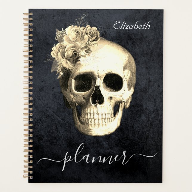 Gothic Skull White Roses Personalized Planner (Front)