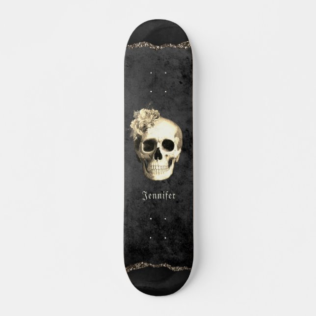 Gothic Skull White Roses Personalized  Skateboard (Front)