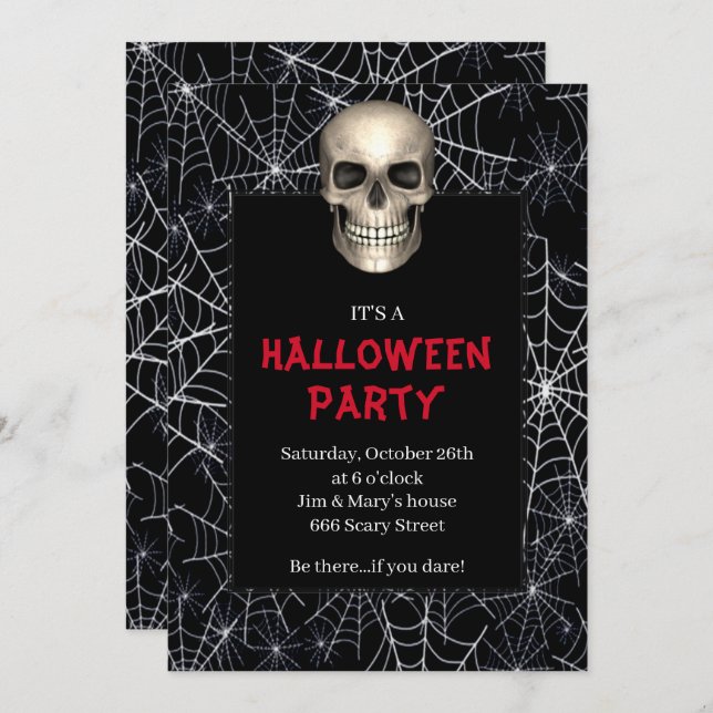 Gothic Skull White Spider Web Halloween Party Invitation (Front/Back)