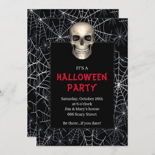 Gothic Skull White Spider Web Halloween Party Invitation