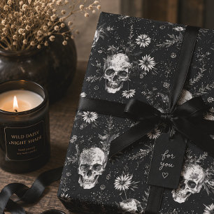 Gothic Skull & Wildflowers Black Floral Wrapping Paper
