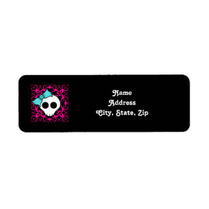 Gothic skull with blue blow on black and fuschia label