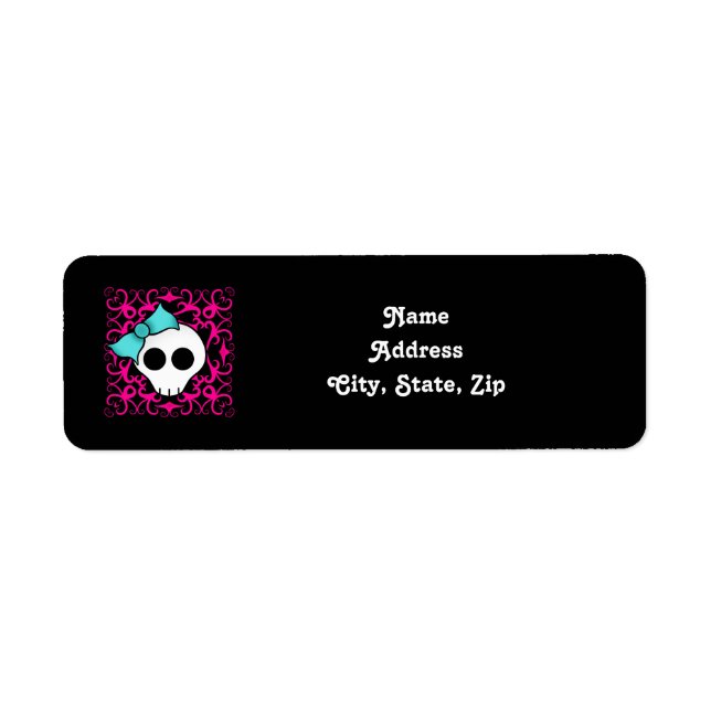 Gothic skull with blue blow on black and fuschia label (Front)