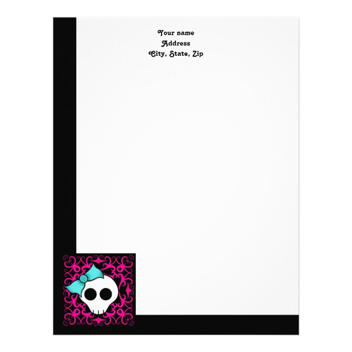 Gothic skull with blue blow on black and fuschia custom letterhead