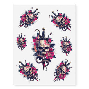Gothic Skull with Dagger and Flowers #1 Temporary Tattoos
