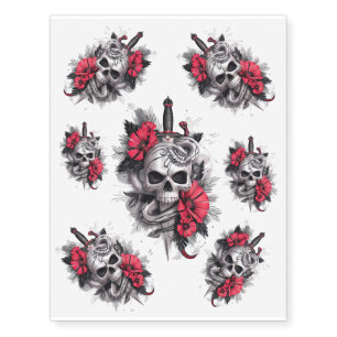 Gothic Skull with Dagger and Flowers #2 Temporary Tattoos