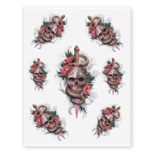 Gothic Skull with Dagger and Flowers #3 Temporary Tattoos
