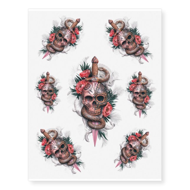 Gothic Skull with Dagger and Flowers #3 Temporary Tattoos (Front)