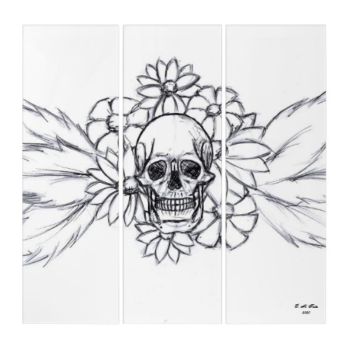 gothic skull with flowers death drawing white triptych