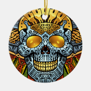 Gothic Skull with Guns and Bullets by Al Rio Ceramic Ornament