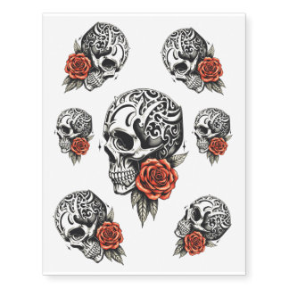 Gothic Skull with Pattern and Flowers #1 Temporary Tattoos