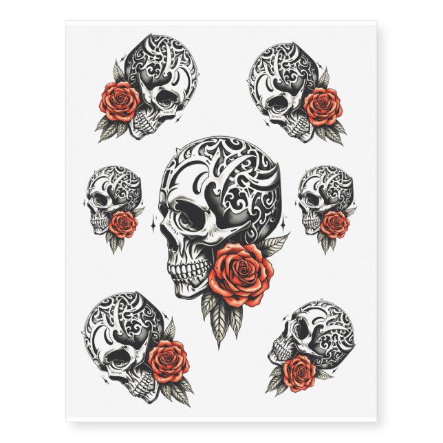 Gothic Skull with Pattern and Flowers #1 Temporary Tattoos (Front)