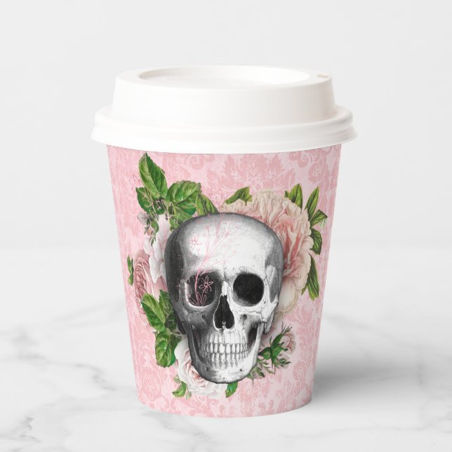 Gothic Skull with Pink Roses  Paper Cups (Front)