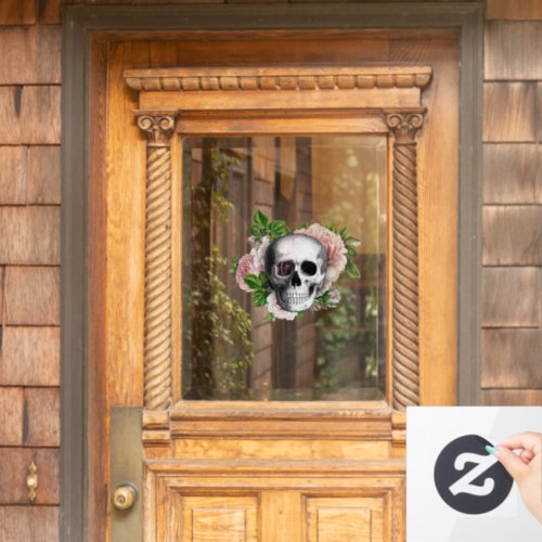 Gothic Skull with Pink Roses  Window Cling