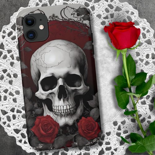 Gothic Skull with Red Roses  iPhone 11 Case