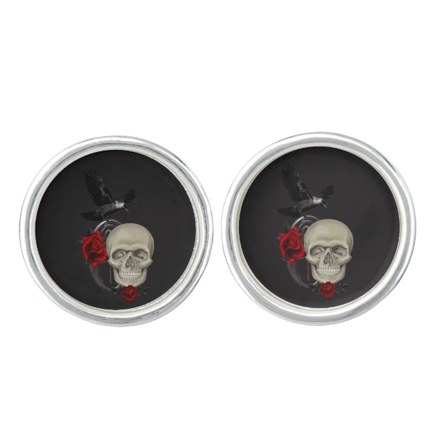 Gothic Skull With Rose and Raven Cufflinks (Front)