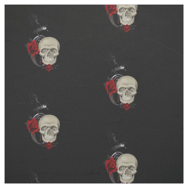 Gothic Skull With Rose and Raven Fabric (Swatch)
