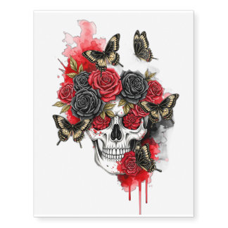 Gothic Skull with Roses and Butterflies Temporary Tattoos