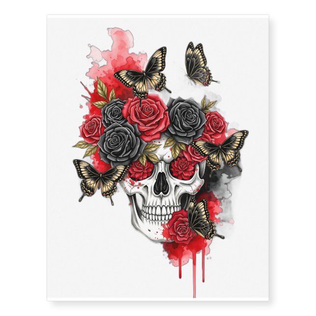 Gothic Skull with Roses and Butterflies Temporary Tattoos (Front)