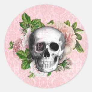 Gothic Skull with Roses   Pink Halloween Classic Round Sticker