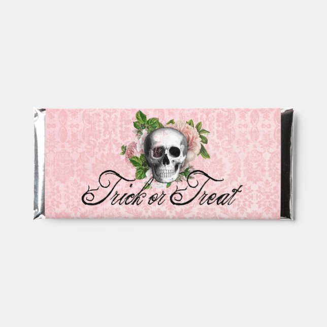 Gothic Skull with Roses | Pink Halloween Hershey Bar Favors (Front)