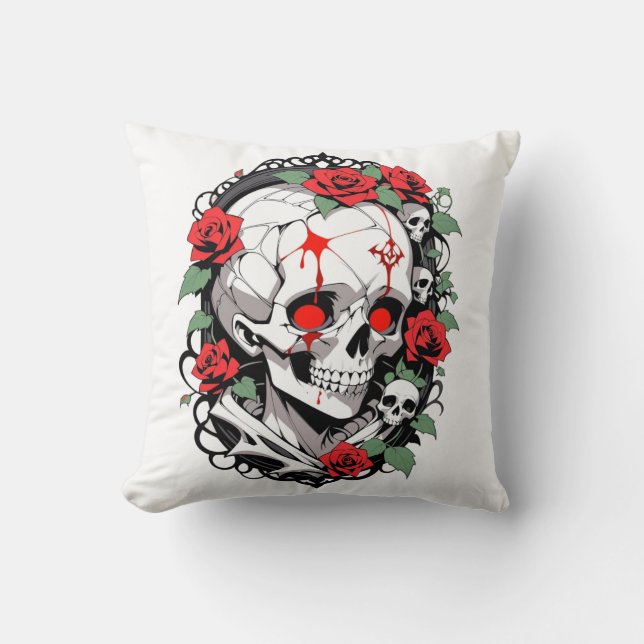 Gothic Skull with Roses  Throw Pillow (Front)