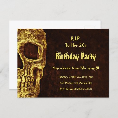 Gothic Skull Yellow Birthday Party RIP To Her 20s Invitation Postcard