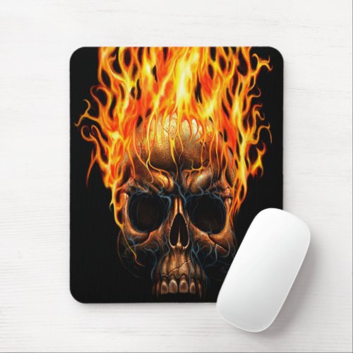 Gothic Skull Yellow Orange Fire Flames Pattern Mouse Pad