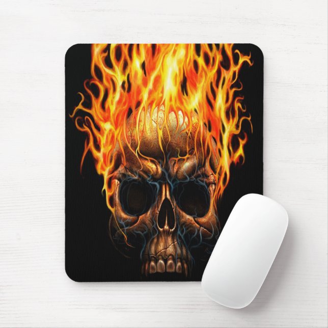 Gothic Skull Yellow Orange Fire Flames Pattern Mouse Pad (With Mouse)