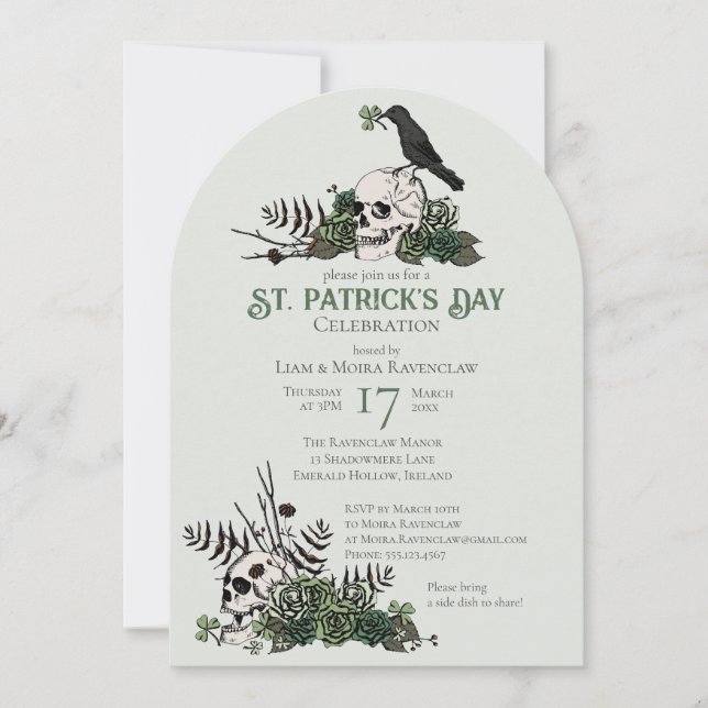 Gothic Skulls and Clovers St Patrick's Celebration Invitation (Front)