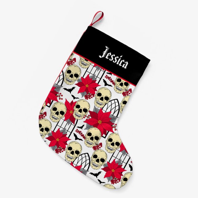 Gothic Skulls and Flowers Patterned Small Christmas Stocking (Front (Hanging))