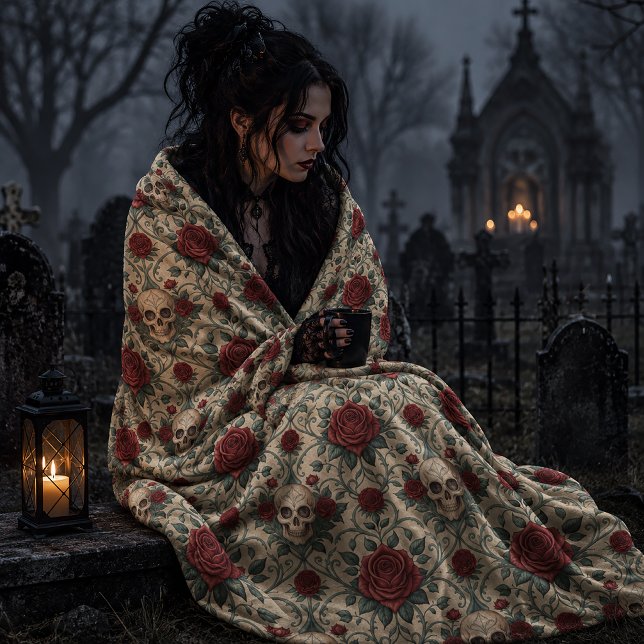 Gothic Skulls and Red Roses Fleece Blanket (Creator Uploaded)