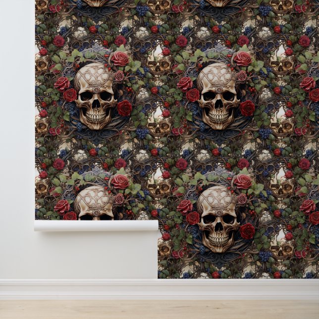 Gothic Skulls and Red Roses Floral Celtic Knotwork Wallpaper (Application)