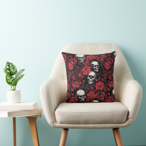 Gothic Skulls and Red Roses Floral Throw Pillow