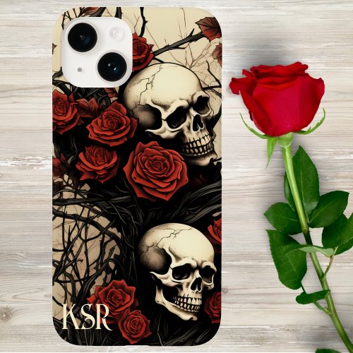 Gothic Skulls and Red Roses Monogram  Case_Mate iPhone 14 Case