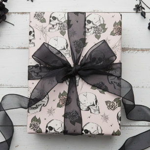 Gothic Skulls and Roses Pink Floral Wrapping Paper