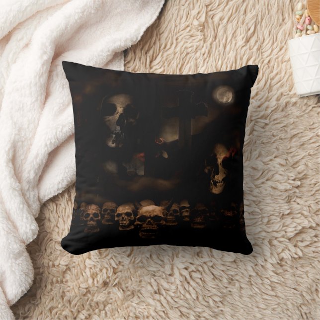 Gothic Skulls at Cemetery Halloween Throw Pillow (Blanket)