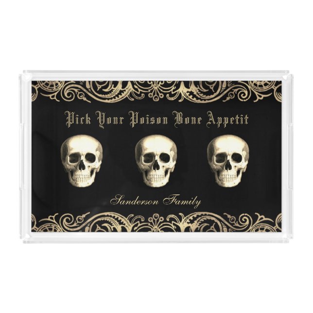 Gothic Skulls Black Gold Halloween  Acrylic Tray (Front)
